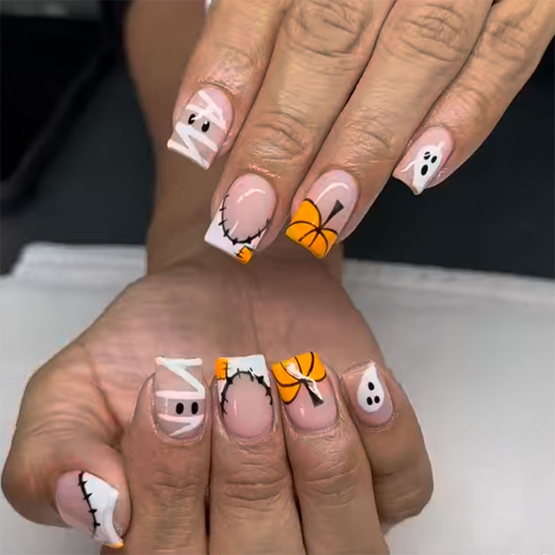 Halloween Hot-Selling Wearable Short Square Fake Nails with Pumpkin Straps and Ghost Patches, Removable Fake Nails Halloween Hot-Selling Wearable Short Square Fake Nails with Pumpkin Straps and Ghost Patches, Removable Fake Nails