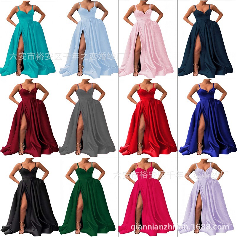 Satin Prom Evening Dress New Sling Split with Pocket Party Dress Photography Beach Wedding Bridesmaid Dress Women