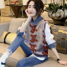 圆领洋气新款欧洲站印花女休闲韩版潮流时尚字母小熊马甲套装