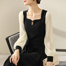 水滴领雪纺百褶袖撞色连衣裙秋季小众长袖字裙拼接中长裙子