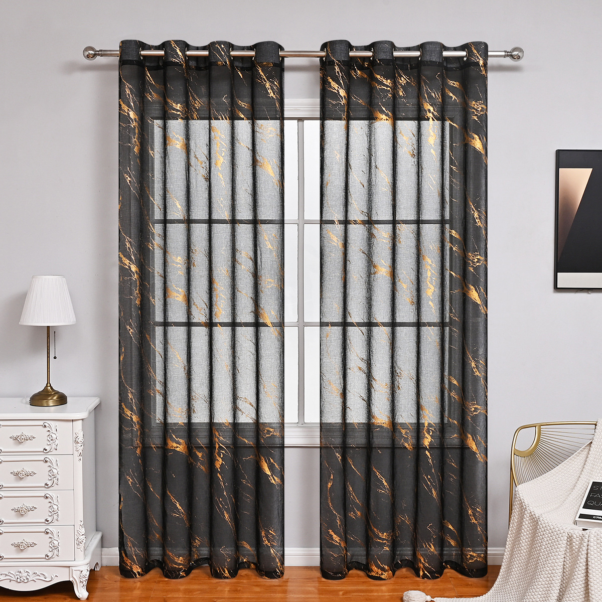 Cortina Translúcida Semiopaca con Diseño de Mármol Dorado, para Ventanas, con Perforaciones, para Dropshipping y Comercio Transfronterizo, Disponible en TEMU