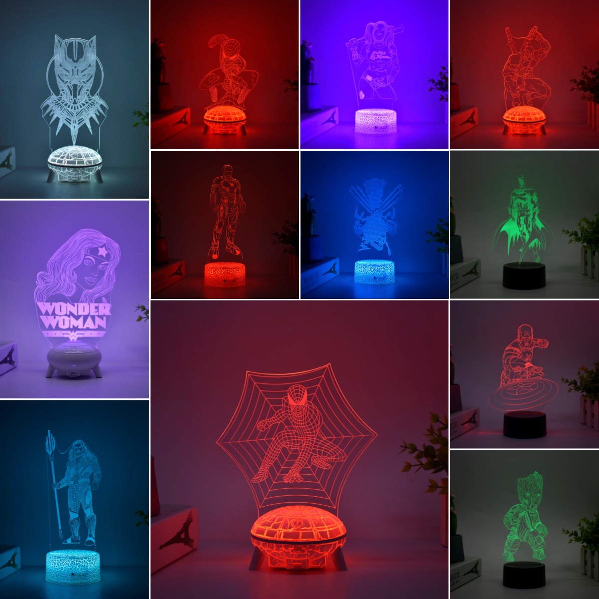 Transfronteriza serie de superhéroes Spider-Man Iron Man periférico 3D luz de la noche luz creativa pintura decoración adornos hechos a mano