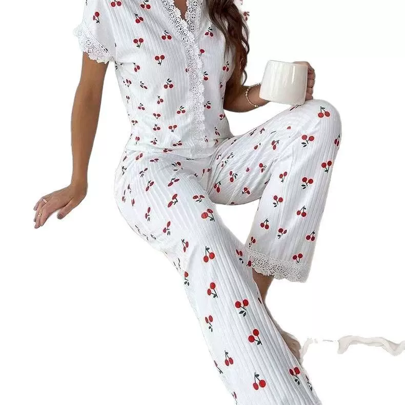 欧美风格女睡衣秋冬款跨境性感V领花边樱桃印花T恤修身长裤居家服
