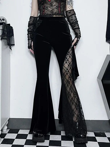 Solid color lace patchwork mesh pants women's solid color lace stitching mesh pants