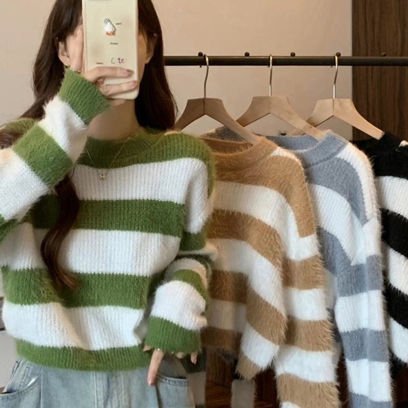 慵懒风软糯毛衣女秋冬季短款高腰长袖条纹撞色上衣打底针织衫百搭