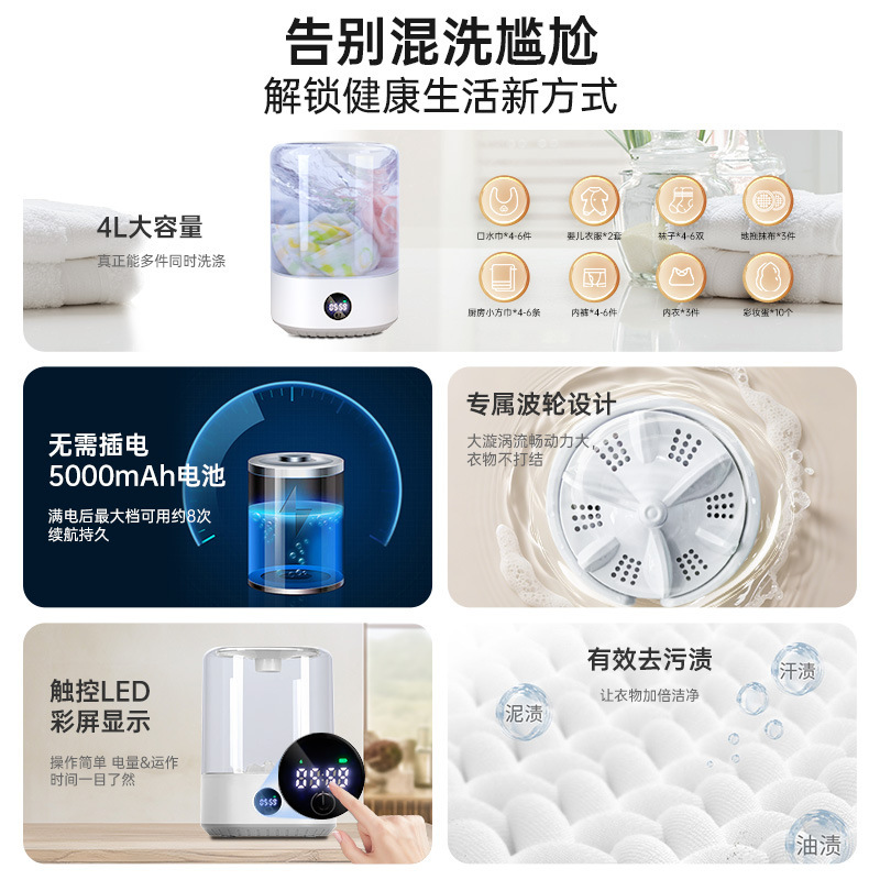 跨境新款无线迷你洗衣机4升大容量内衣裤洗衣杯便携充电母婴小型|undefined