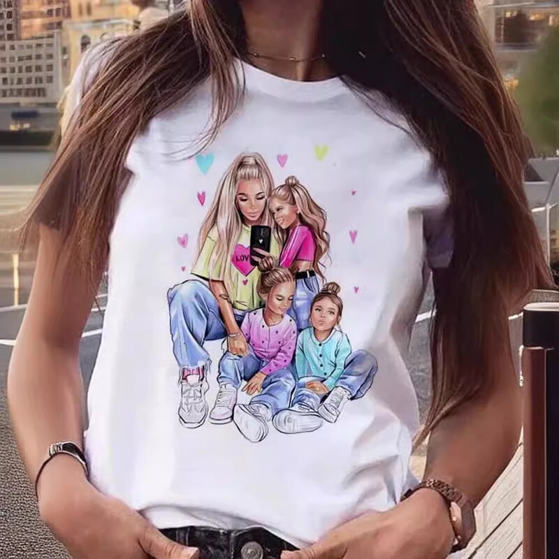Cross-Border Aliexpress Cartoon Mother and Son Daughter Pattern Print Women's T-Shirt Summer Casual Harajuku T-Shirt Cross-Border Aliexpress Cartoon Mother and Son Daughter Pattern Print Women's T-Shirt Summer Casual Harajuku T-Shirt
