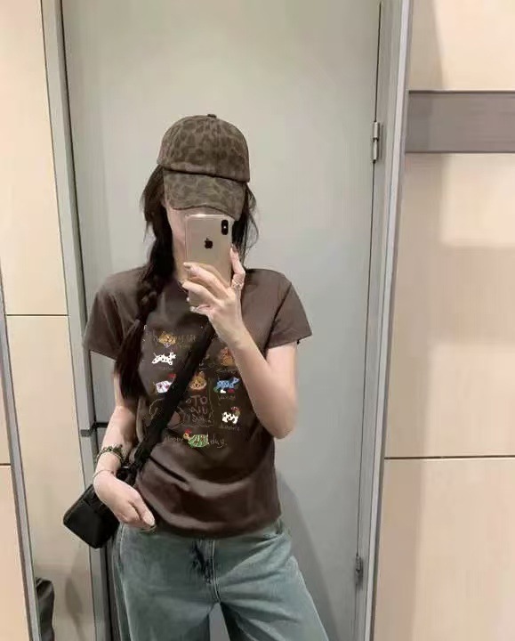 ネイビーブルーの純綿半袖Tシャツ女性用2025インターネットセレブ人気アメリカンプリントトップス右肩ラウンドネックホットガールシャツ|undefined