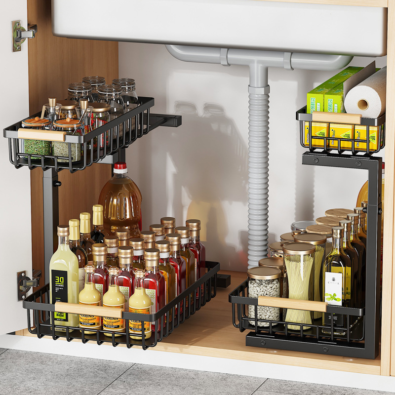 キッチンシンク下の棚、床から天井までの調節可能なキャビネット、シンク下のバスケット、家庭用カウンタートップ調味料用品の収納