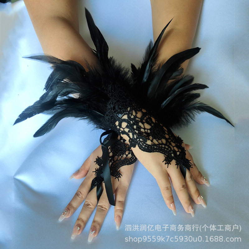 万圣节羽毛手套护腕手环哥特式羽毛袖口化妆舞会表演亚马逊跨境