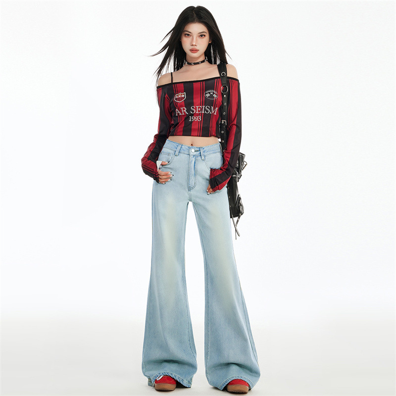 Childlike Orange# European and American INS Style Wide Leg Horn Jeans Women's Loose Slimming Hip Dipped Casual All-match Floor-mopping Pants