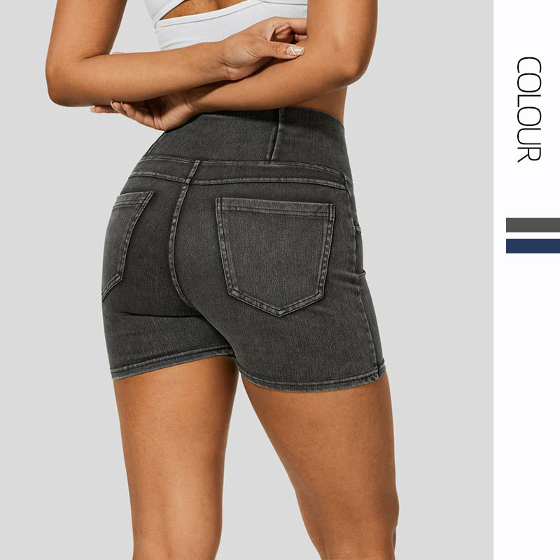 Cross-border jeans de cintura alta, pantalones cortos de yoga para mujeres, pantalones deportivos de doble bolsillo para el adelgazamiento.