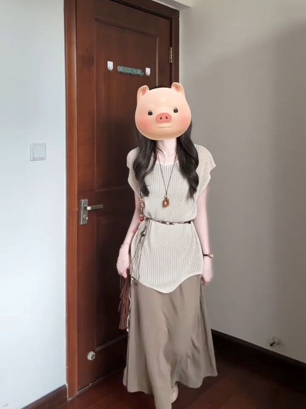 套装女夏新款纯色腰链针织镂空罩衫高腰显瘦百搭背心连衣裙两件套|undefined