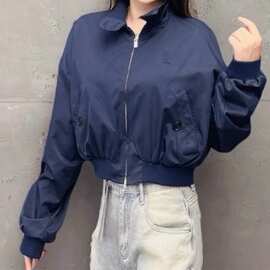 秋冬新款棉质束腰字母刺绣短款翻领长袖拉链飞行员夹克外套