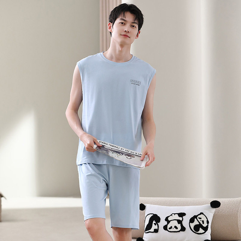 Herren-Sommerwesten-Set aus Modal-Baumwolle, ärmellose Hauskleidung kann draußen getragen werden, lockeres zweiteiliges Hausset in Übergröße-XL_voghion.com