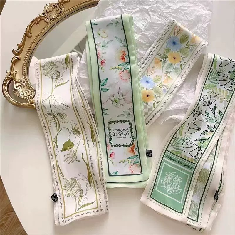 韩国绿色清新花卉丝巾发带女细窄新款编发饰品高级感绑包丝带腰带