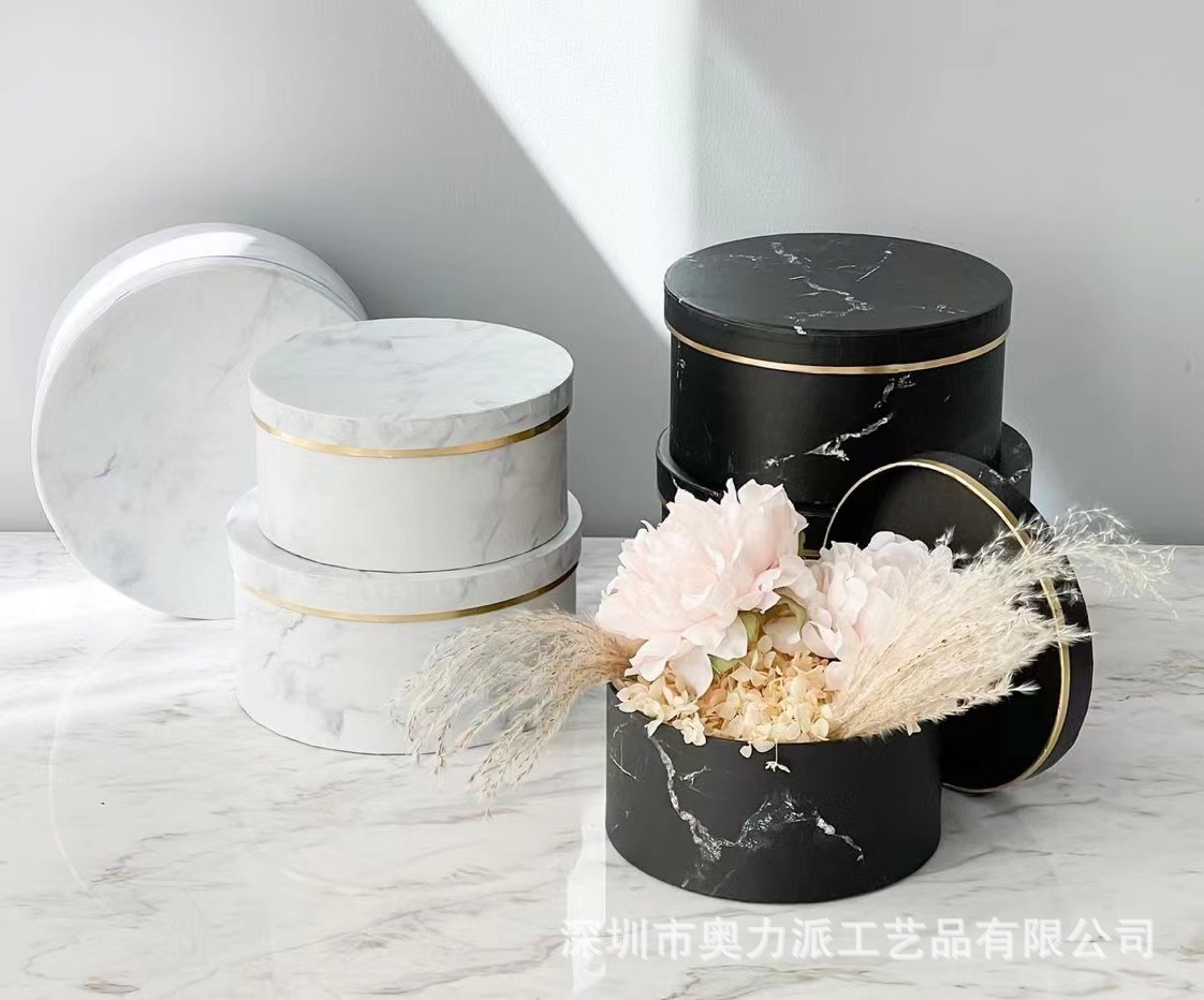 烫金大理石鲜花盒 礼品包装盒三件套  婚庆礼盒 圆形礼品盒礼物盒