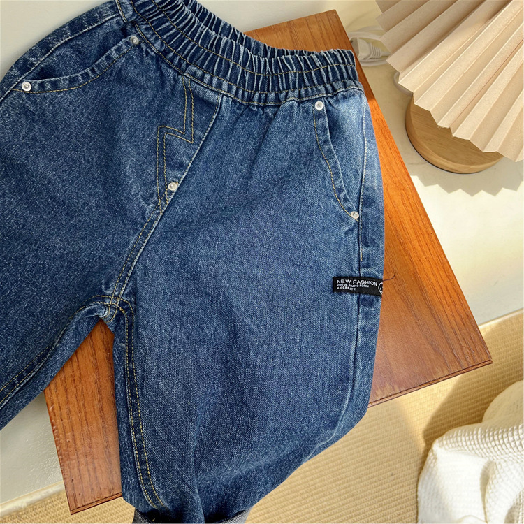 Korejske otroške oblačila, jesenske temno modre kavbojke 2024, ohlapne enobarvne očetovske priložnostne jeans hlače za fantke in deklice_voghion.com