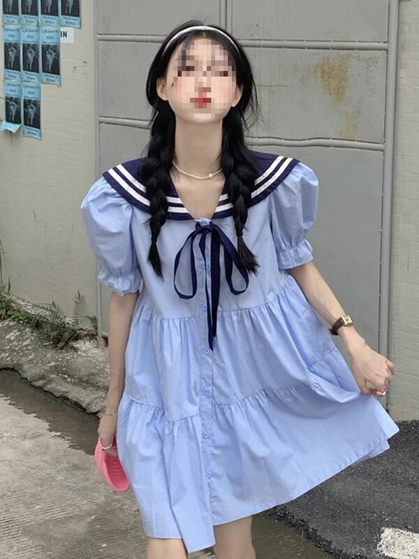 Navy Collar Dress for Women, Summer 2026 New Style, Sweet College Style, Waist-Cinching, Slimming, Niche Short-Sleeve A-Line Dress