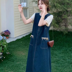韩系牛仔背心连衣裙女夏季新款无袖背心单排扣中长裙复古大口袋裙