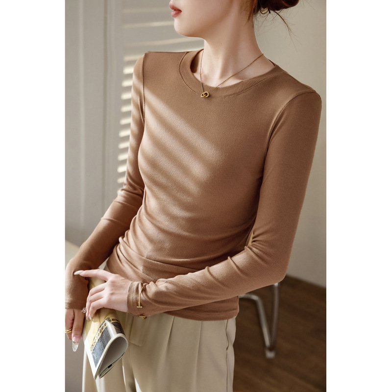 High-Elastic Fine Ribbed Cotton Round-Neck Long-Sleeve Base Shirt for Women, 2026 Autumn and Winter New Style T-Shirt Top, Inner Wear with Regular Shoulders