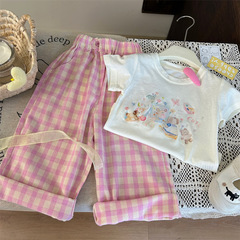 Korean Children's Summer 2024 New Cartoon Short-Sleeve T-Shirt and Children's Stylish Checkered Casual Pants Two-Piece Set