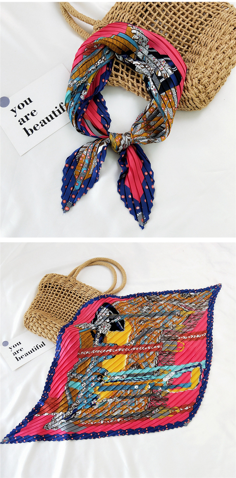 45g Weight Silk Scarf Classification Travel Occasion Silk Material Unisex Gender Sweet Style Khaki, Grey, White, Red, Green, Blue, Yellow, Black Color Korean Pleated Silk Square Scarf 10