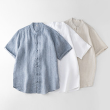批发中国风男士亚麻衬衫立领盘扣宽松短袖上衣 一件代发165