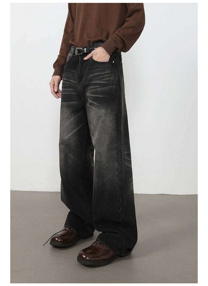Quần jeans nam ống rộng lưng giữa, dáng suông thoải mái, chất denim washed — màu xanh, màu xanh nhạt, màu xám đen chi tiết 13