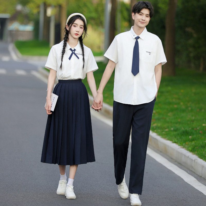 졸업 사진 JK 바람 2024 실제 사진 여름 커플 원피스 반팔 학생 셔츠 세트 원피스 클래스 원피스