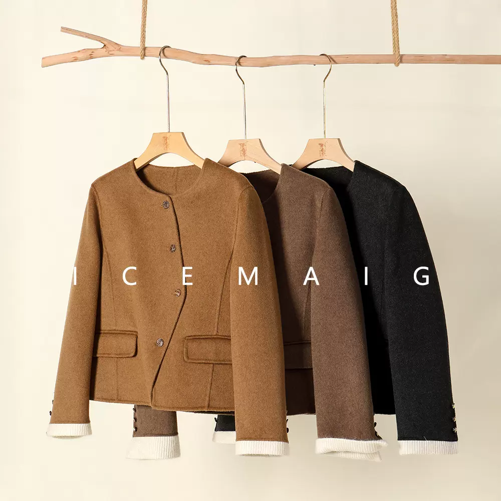 8647羊绒双面呢圆领秋冬新款小个子短款外套小香设计感拼接针织