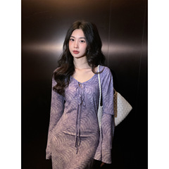SYT自制 早秋法式波浪纹长袖雪纺连衣裙女2025新款V领修身长裙子