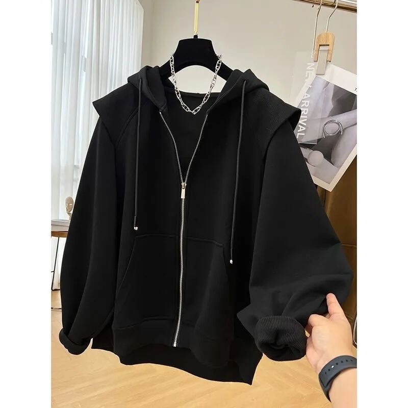 Plus Size 150kg Casual Hooded Zip-Up Sweatshirt for Women, Loose Fit, Versatile Cardigan Jacket for Spring and Autumn