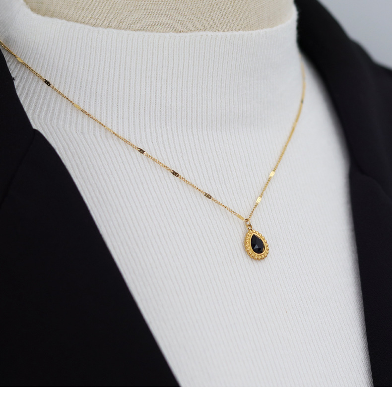 Retro Water Droplets Titanium Steel Plating Inlay Artificial Crystal Pendant Necklace 1 Piece