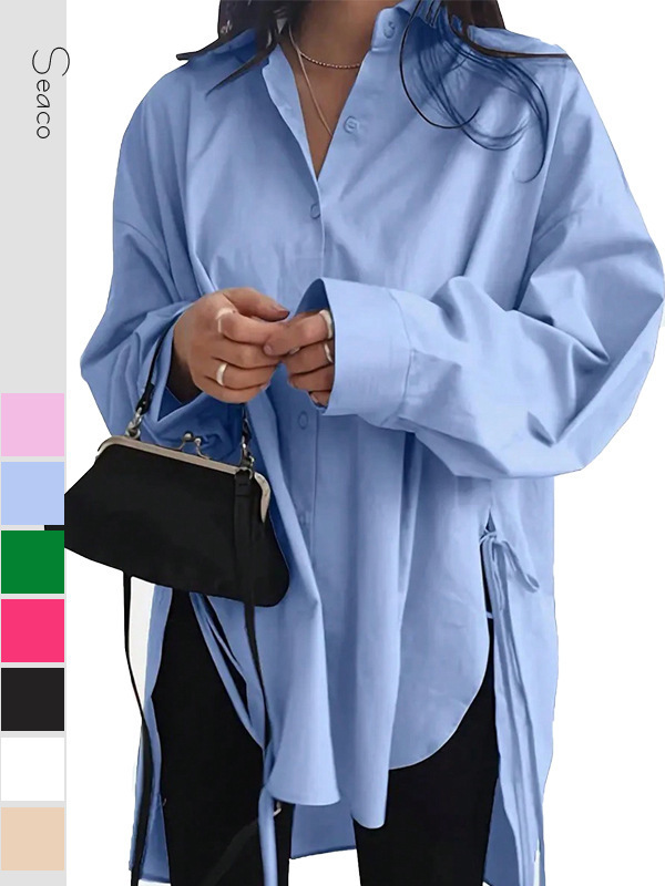 ヨーロッパとアメリカの貿易婦人服Amazon AliExpress新しい女性の初秋のルーズフロントショートバックロングレースアップスリムシャツ|undefined