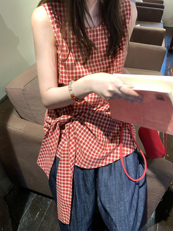 【现货】im向 伦敦格调 时髦简系格纹上衣女夏设计感绑带格子背心|undefined