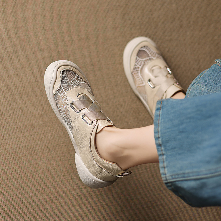 Giày sneaker nữ phối màu da thật lỗ thoáng khí đế bệt buộc dây kết hợp miếng dán — màu trắng ngà chi tiết 38