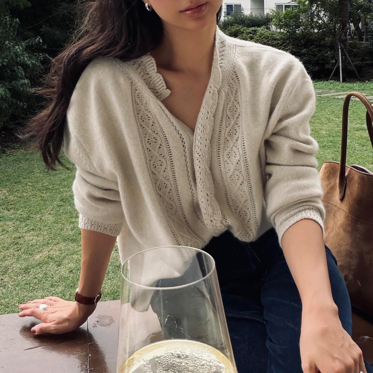 Korean Far*En Cardigan 2025 Lace Collar Hollow Knit Sweater Retro V-Neck Jacquard Sweater New Autumn and Winter Women's Style