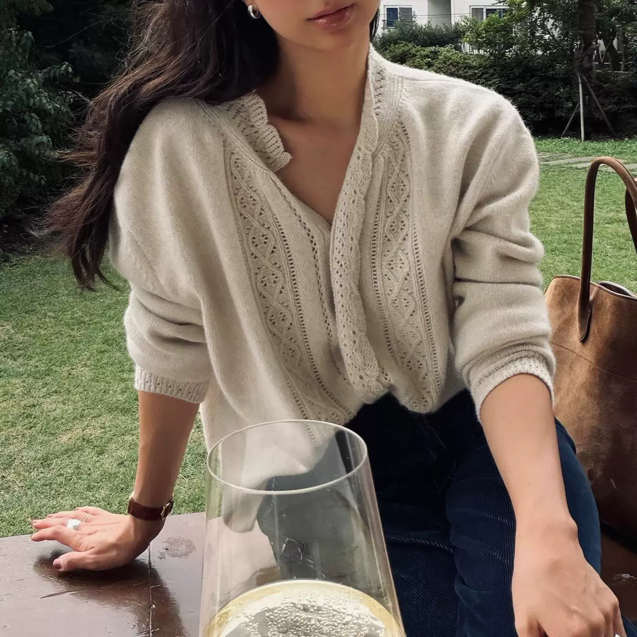 韩国far*en开衫2025花边领镂空针织衫复古V领提花毛衣新款秋冬女