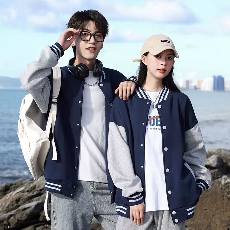 600G加绒纯棉宽松班服工装工作服单排扣男式棒球服外套定制印logo