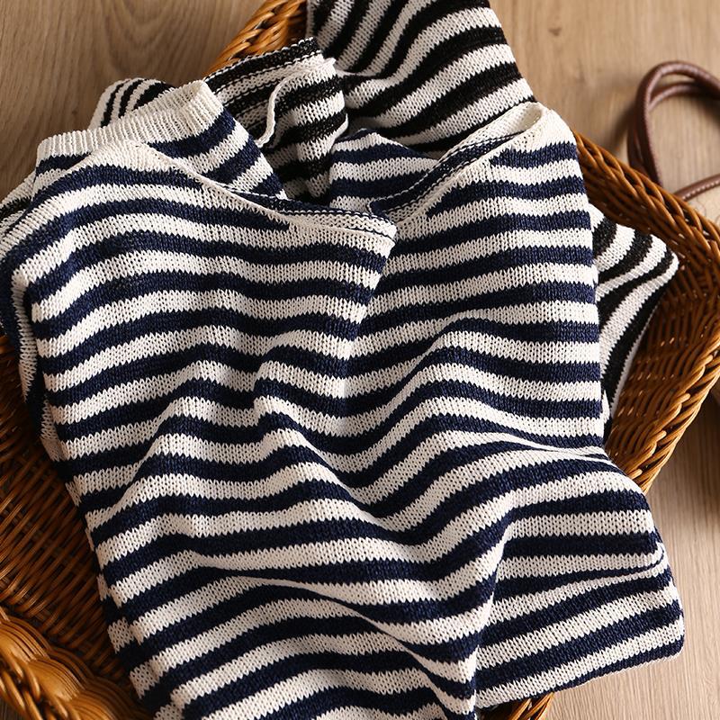 Early Autumn and Paper Yarn Dry Lightweight Contrast Stripe Loose Collar Long Sleeve Knitted