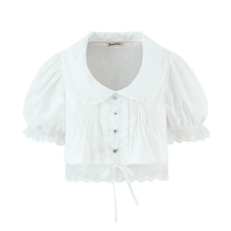 French-Style Sweet and Cute Doll Collar Lace Patchwork Puff Sleeve Petite White Mesh Blouse French-Style Sweet and Cute Doll Collar Lace Patchwork Puff Sleeve Petite White Mesh Blouse