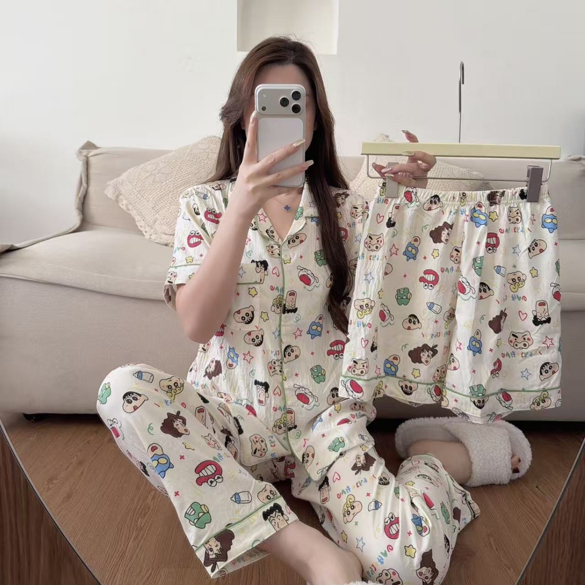 云朵棉夏睡衣女双短短袖长裤卡通甜美宽松翻领四件套家居服送发圈