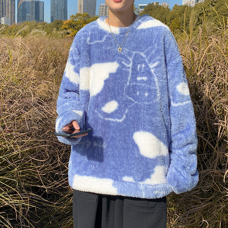 Y27Pexrozna Trendy Brand Autumn and Winter Lamb Wool Sweater Men's Cow Hong Kong Style Loose Japanese Cartoon Couple Clothing