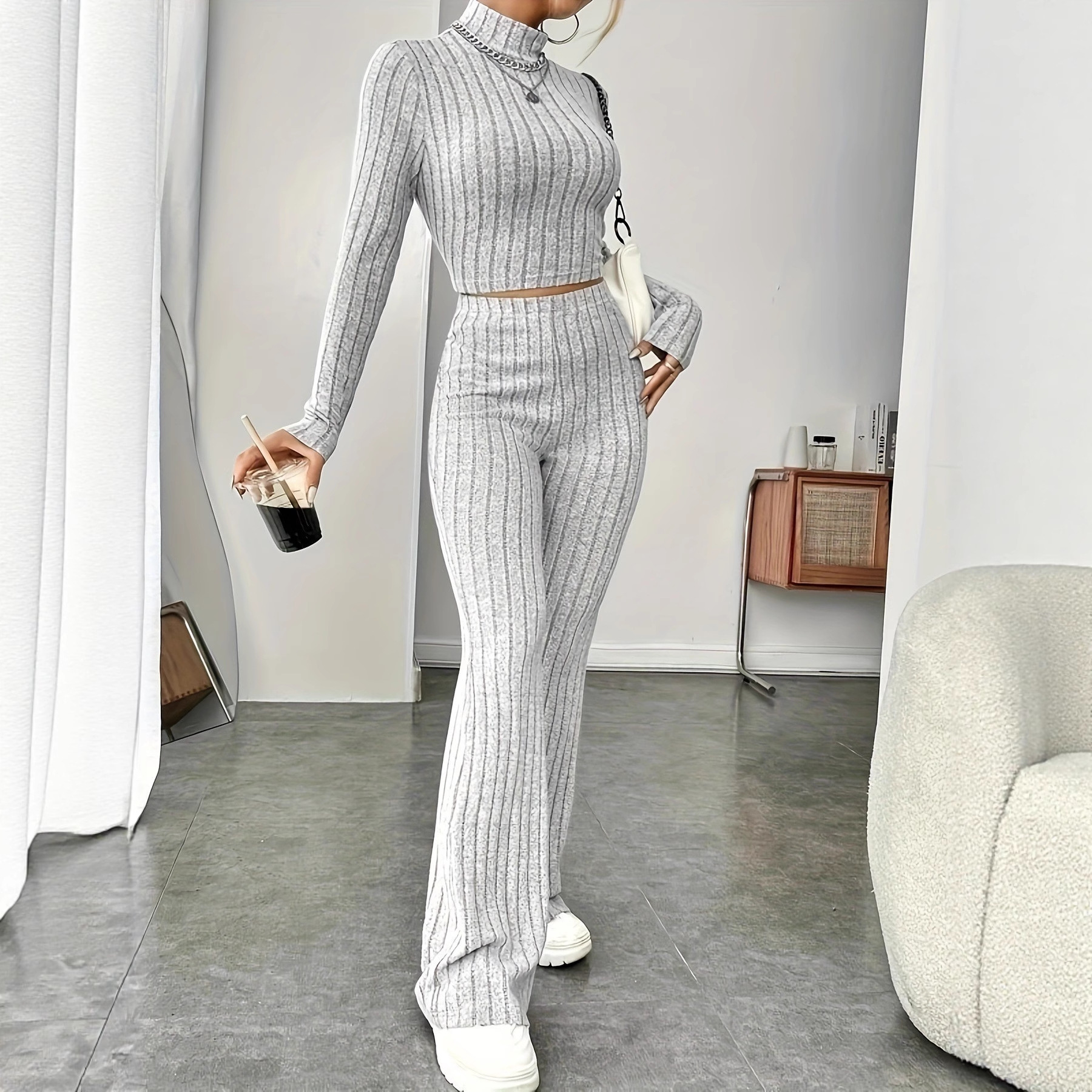 跨境欧美外贸春秋季新款休闲针织条纹连帽卫衣宽松长袖长裤女套装