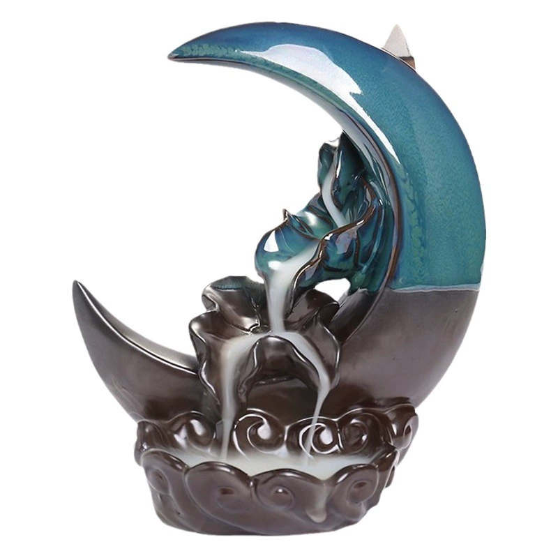 Трансграничная смена печи Голубой лист лотоса Высокая Гора Точная вода Благовония с обратным потоком Творческая Лунная курильница с обратным потоком Благовония Декоративное украшение