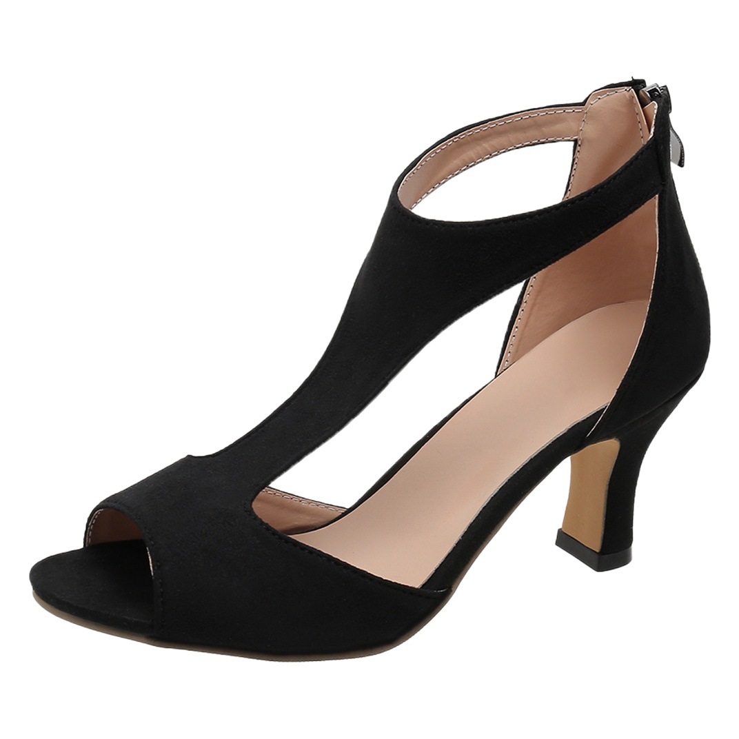 Comercio exterior más tamaño lado vacío tacón de aguja sandalias romanas venta al por mayor Europa y América simple moda trasera cremallera bolsa talón peep toe zapatos verano de las mujeres