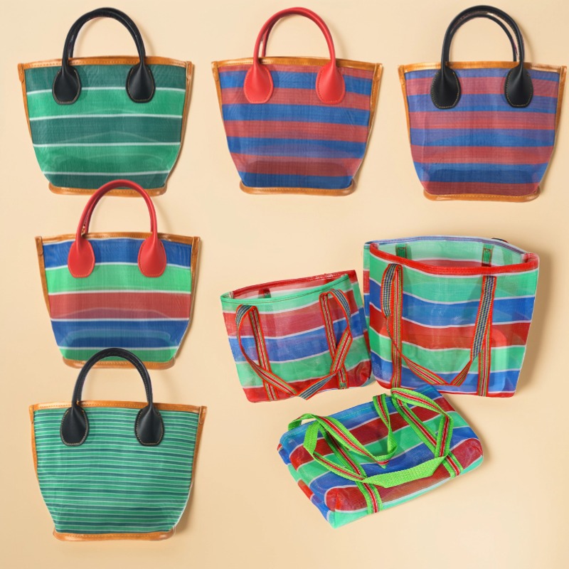 台灣三色鏤空漁網袋 女士單肩包手提袋 條紋菜籃子手提袋【客製】