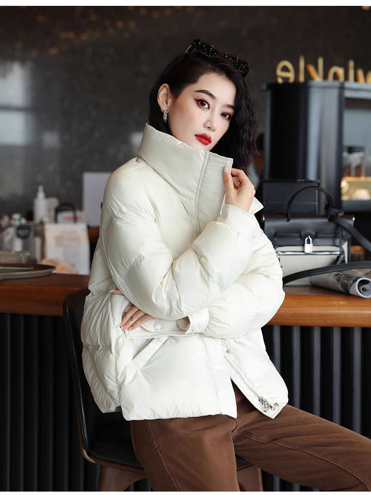 Invierno nuevo cuello vertical chaqueta de plumón mujer abrigo abrigo abrigo corto suelto stock