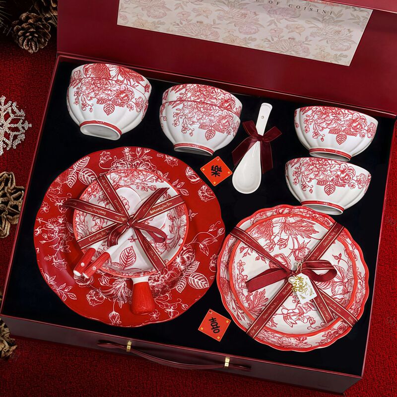 Wedding Tableware Gift Box, Chinese-Style Bowl and Plate Set, Home-Use Engagement Gift for Newlyweds, Dowry Bowls and Chopsticks, Wedding Gift Wedding Tableware Gift Box, Chinese-Style Bowl and Plate Set, Home-Use Engagement Gift for Newlyweds, Dowry Bowls and Chopsticks, Wedding Gift